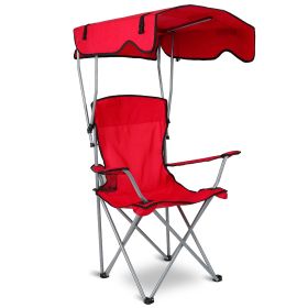1Pc Foldable Camping Chair With Canopy Cup Holder 330LBS Max Load Folded As A Carry Bag (Color: Red)
