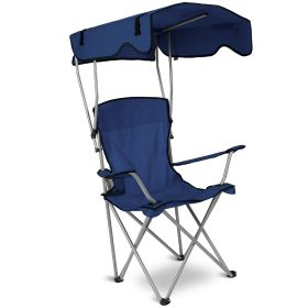 1Pc Foldable Camping Chair With Canopy Cup Holder 330LBS Max Load Folded As A Carry Bag (Color: Navy Blue)